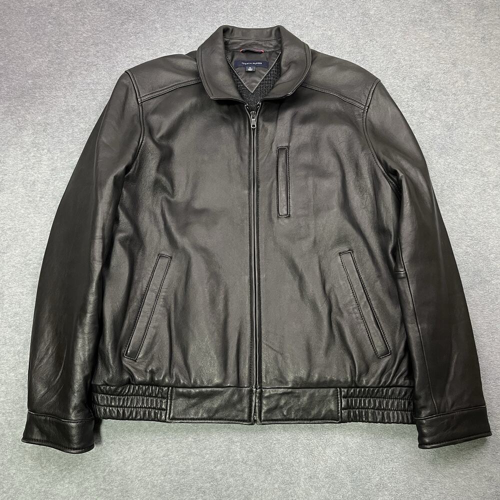 Vintage Men's Tommy Hilfiger Black Leather Bomber Jacket Zip Front Lined XL